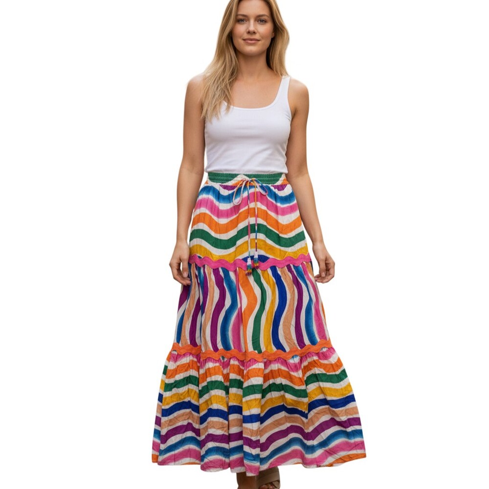 Farm Rio Size Medium Dancing Stripes Maxi Skirt NEW Wavy Rainbow Tiered Cotton